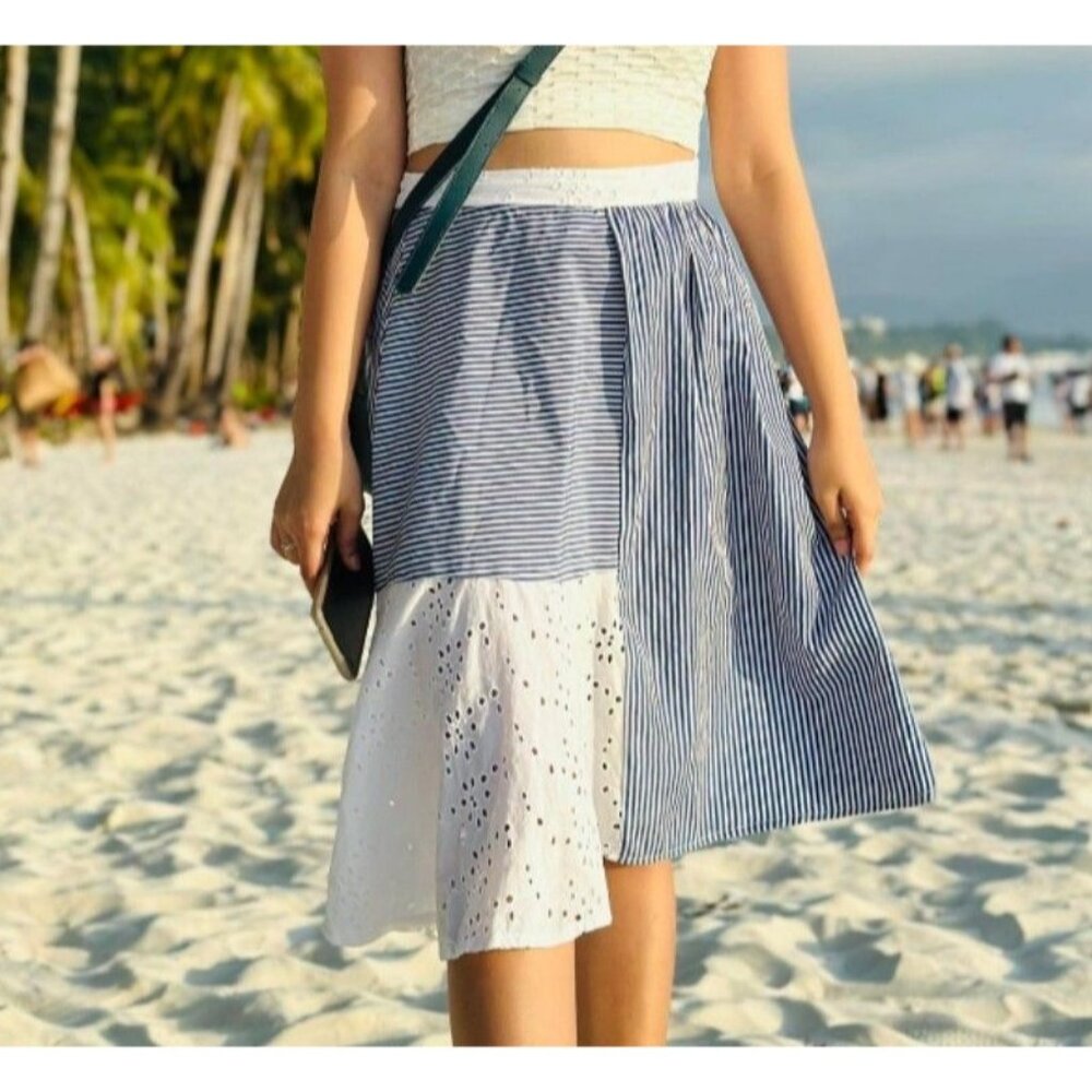 Zara Basic S Blue Striped Skirt Lace Trim GLEN 549 Asymmetrical Hem